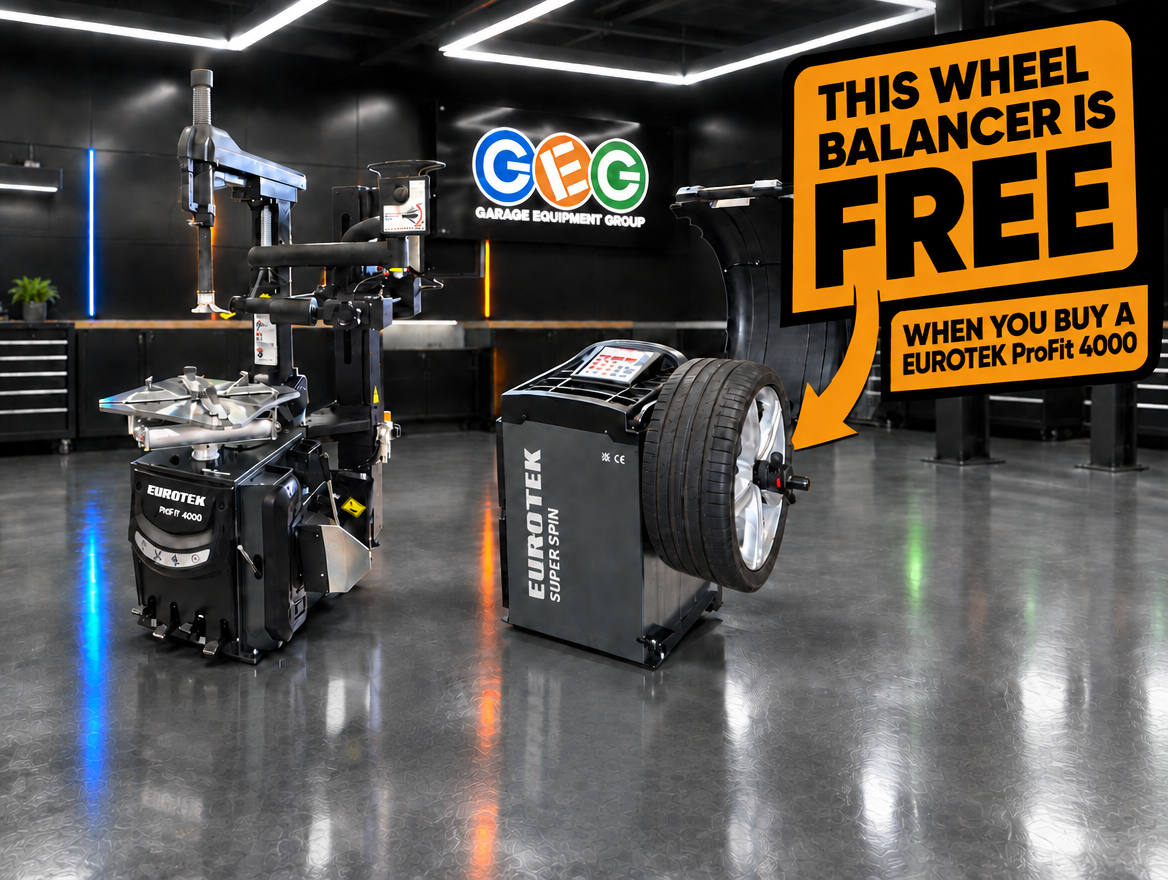 Eurotek Pro Fit 4000 with a free Eurotek SuperSpin wheel balancer in a modern GEG workshop